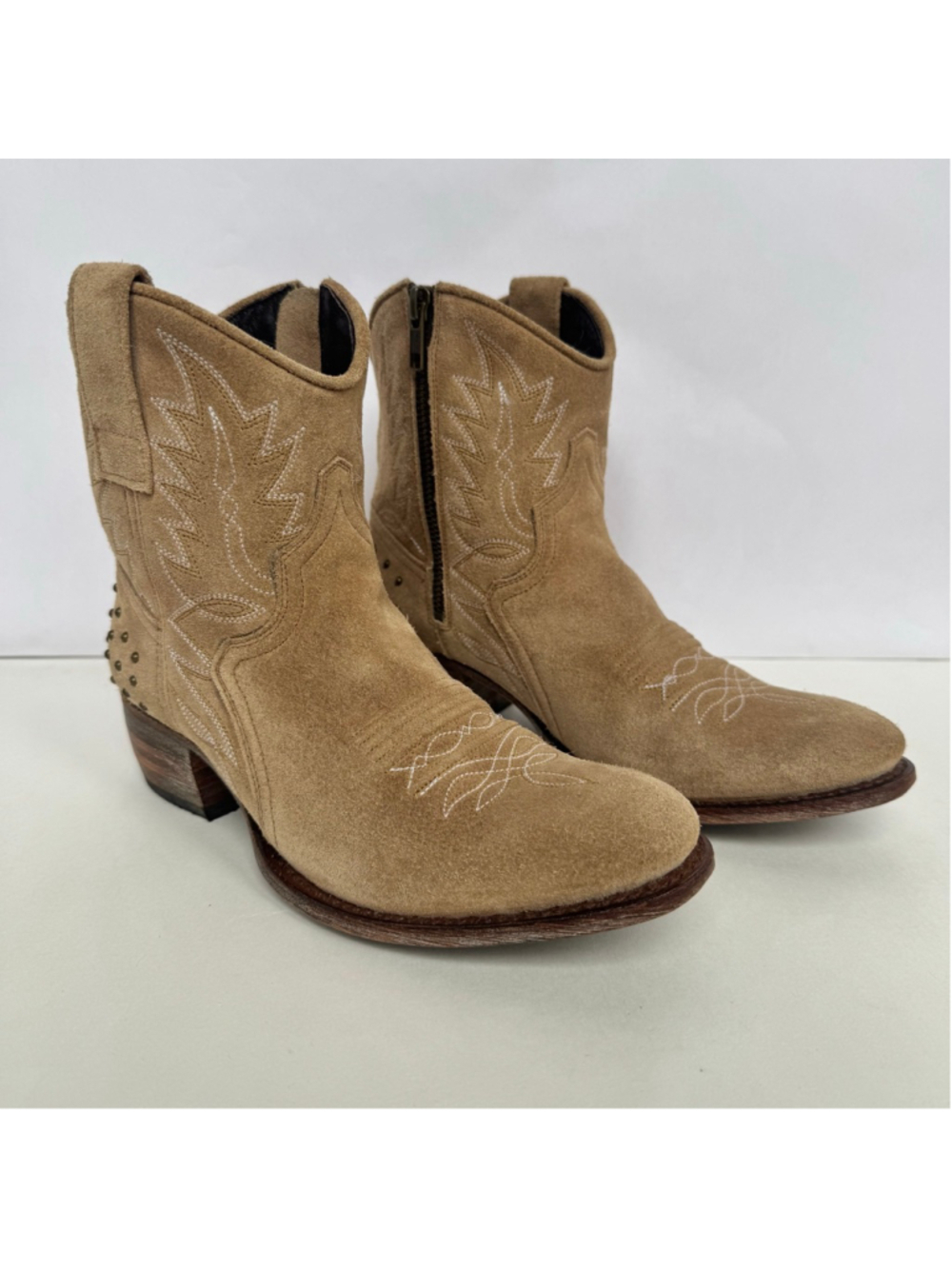Sendra Suede Western Ankle Boots Size 37 Tan Embroidered Studded cowboy